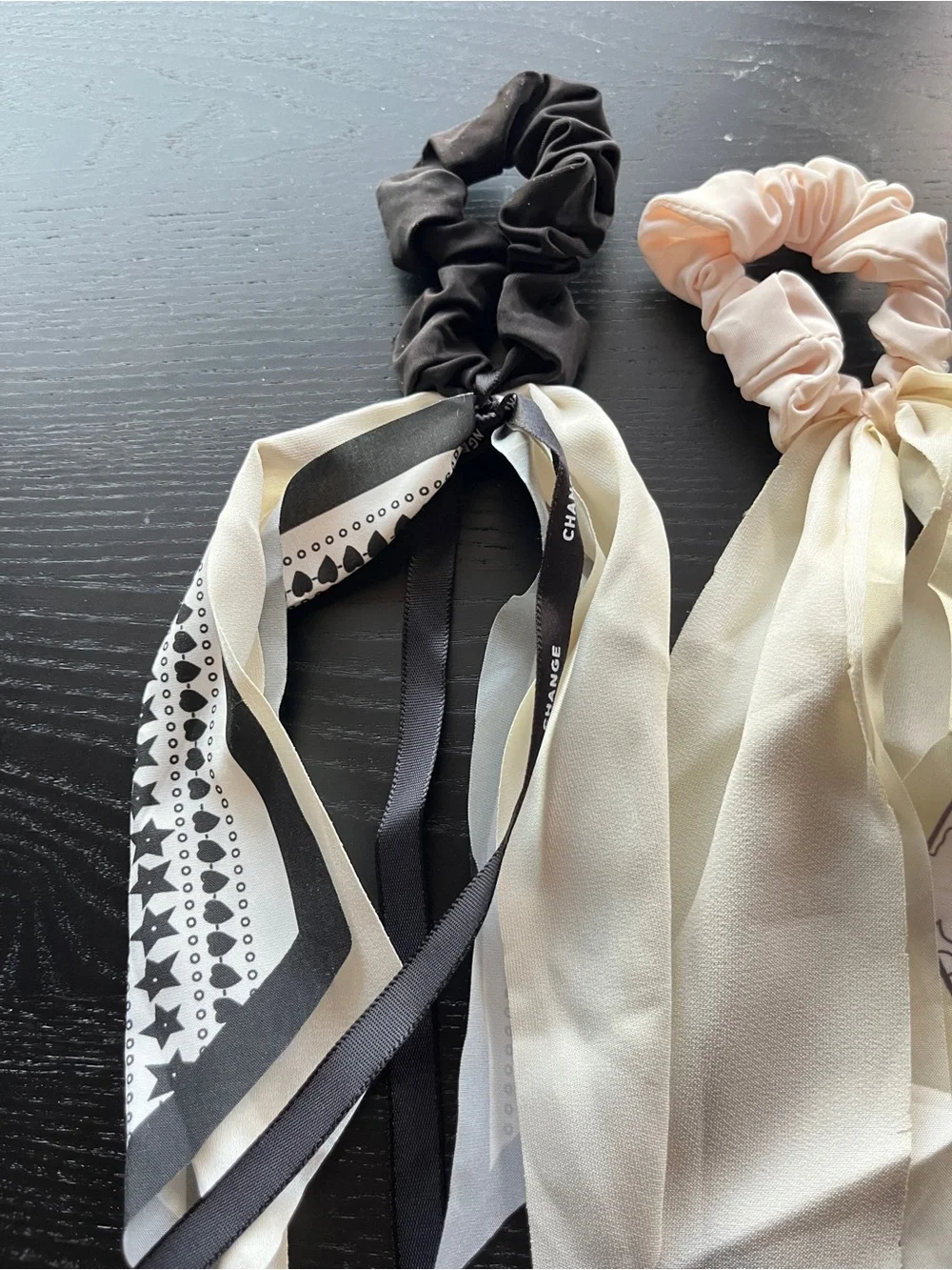 Black and Blush Scarf Scrunchie Hair Ties Set Bow Ribbon Black White Cream Lot